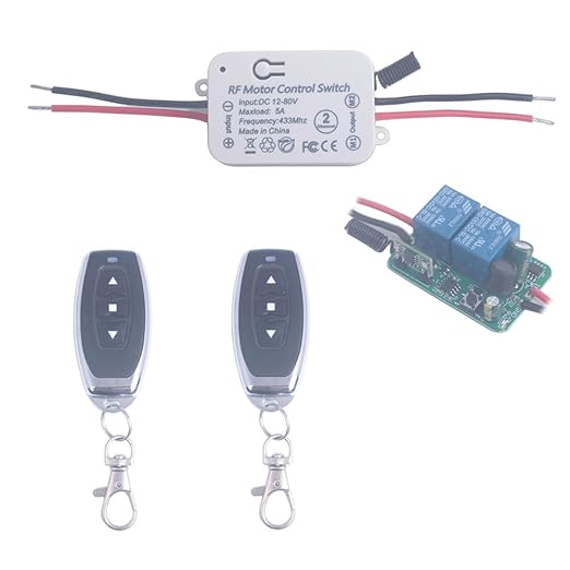 12V 24V 36V 48V DC Motor Remote Control Switch, 12V-80V 5A Wireless Relay Switches Receiver Controller with 2 Transmitters, Remote Controls Motor Move Forward and Reverse (DC 12V-80V/2* Controller)