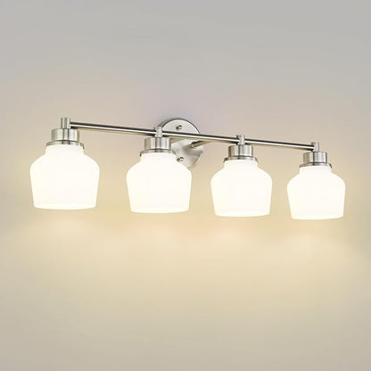 Emak Brushed Nickel Bathroom Light Fixtures Over Mirror, Modern 29 Inch Milk Glass Vanity Light, 4-Light Wall Sconces for Bathroom, Mirror, VL122-BN-ML-4