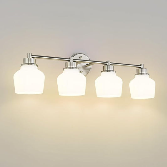 Emak Brushed Nickel Bathroom Light Fixtures Over Mirror, Modern 29 Inch Milk Glass Vanity Light, 4-Light Wall Sconces for Bathroom, Mirror, VL122-BN-ML-4