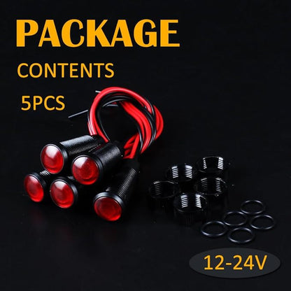 5pcs 10mm LED Indicator Light Plastic Black Signal Dot Lamp 12V-24V 2/5" Mounting Hole Size with 15cm/5.9in. Wire (Red LED)