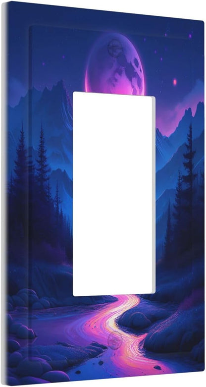 Purple Cyberpunk River Full Moon Mountain Forest Decorative Outlet Covers 1 Gang Single Rocker Light Switch Cover Plate Wall Plates GFCI Faceplate for Bedroom Bathroom Decor