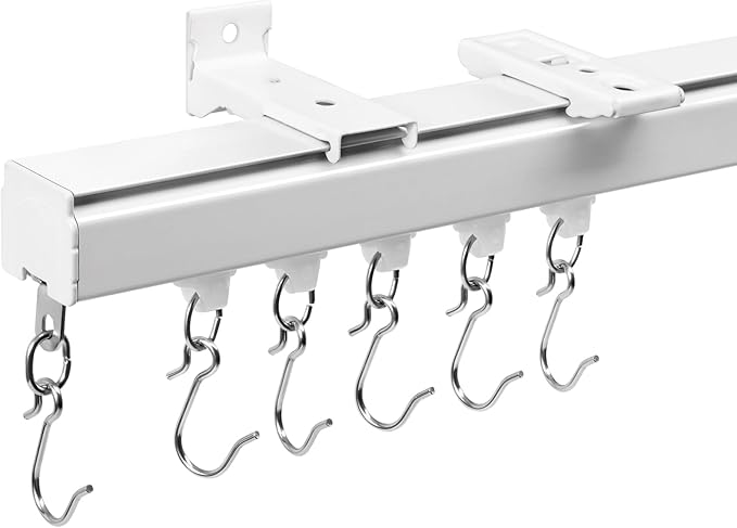 Aluminum 9 ft–12 ft Ceiling Curtain Track Set with 3 Types of Hooks, Adjustable Ceiling/Wall Mount Room Divider Curtain Rail System, White
