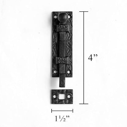 Renovators Supply Manufacturing Black Offset Slide Bolt Door Latch 4" Long Wrought Iron Metal Surface Sliding Bolts with Catch for Cabinet Doors Easy Install Lock with Mounting Hardware Pack of 4