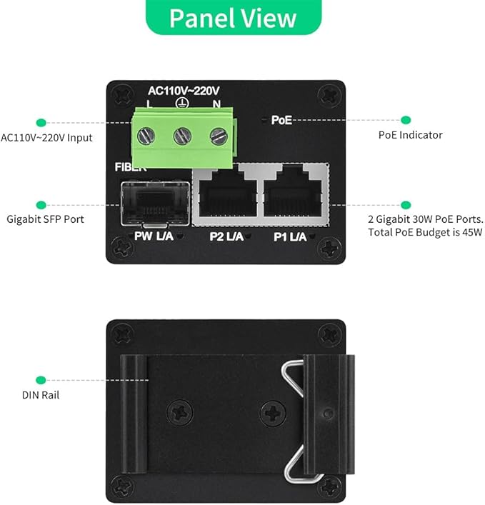 3 Port Gigabit PoE+ Switch with SFP Fiber Uplink Slot, Managed 2 PoE 30W 802.3at High-Power Ethernet Switch, Desktop/Wall-Mount Web Interface Configurable