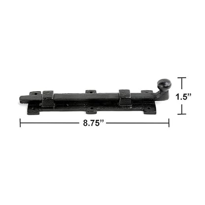 Renovators Supply Manufacturing Slide Bolt Latch 8 3/4 in. Black Wrought Iron Ball Tip Style Slide Bolt with Mounting Hardware Pack of 8