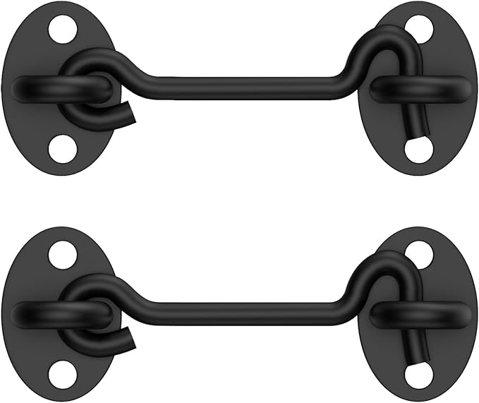 2 Pack Barn Door Latch Lock 4" Black Hook and Eye Latch with Screws, Rust-Resistant Metal Gate Latch for Window, Cabin Hooks, Sliding Door, Bathroom, Bedroom