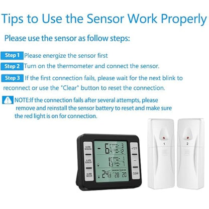 (New Version) AMIR Refrigerator Thermometer, Wireless Indoor Outdoor Thermometer, Sensor Temperature Monitor with Audible Alarm Temperature Gauge for Freezer Kitchen Home (Battery not Included)