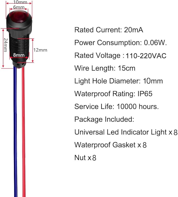 8pcs Red LED Indicator Pilot Light 110VAC Mounting Hole Size 8mm(Flame Retardant Plastic Shell)