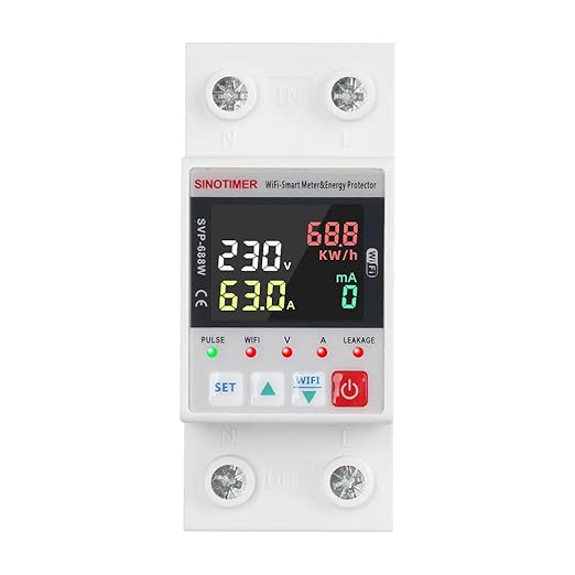 Colorful LED SVP688W WiFi Smart Energy Meter AC 63A 80-300V WiFi Earth Leakage Over Under Voltage Protector Circuit Breaker Din Rail Electricity Energy Monitor APP Remote Control Smart Life 230V