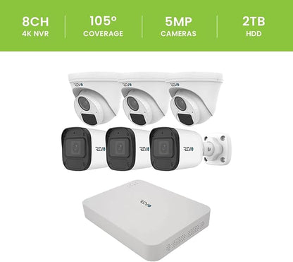 Revo Ultra Blue Series 8CH 4K POE H.265 NVR, 2TB & 6X 5 Megapixel Indoor/Outdoor IR Cameras with Built-in Mic – Remote Access Via Pc, Mac & Phone (No Monthly Fee)