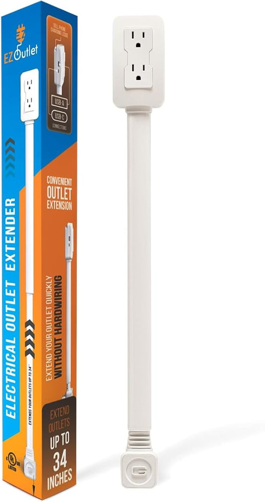 EZ Outlet Electrical Outlet Extender. Access Hard-to-Reach Outlets! Features USB-A, USB-C, and 2 AC Outlets, Extends 22"-34", Rotates 180°. Use Behind Couches, Nightstands, Desks, and More.