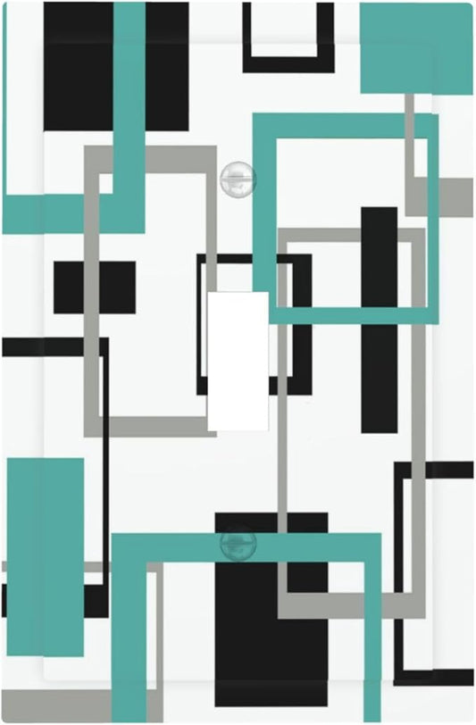 Geometric Turquoise Black Gray Modern Abstract Boho Decorative Light Switch Cover 1 Gang Single Toggle Device Electrical Faceplate Switchplates Decorator Outlet Wall Plate for Office Nursery Decor