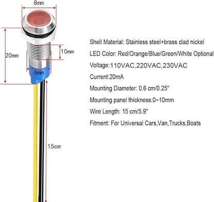 10Pcs 6mm 1/4" LED Metal Indicator Light 110V-220V/AC Waterproof Signal Lamp (Red)
