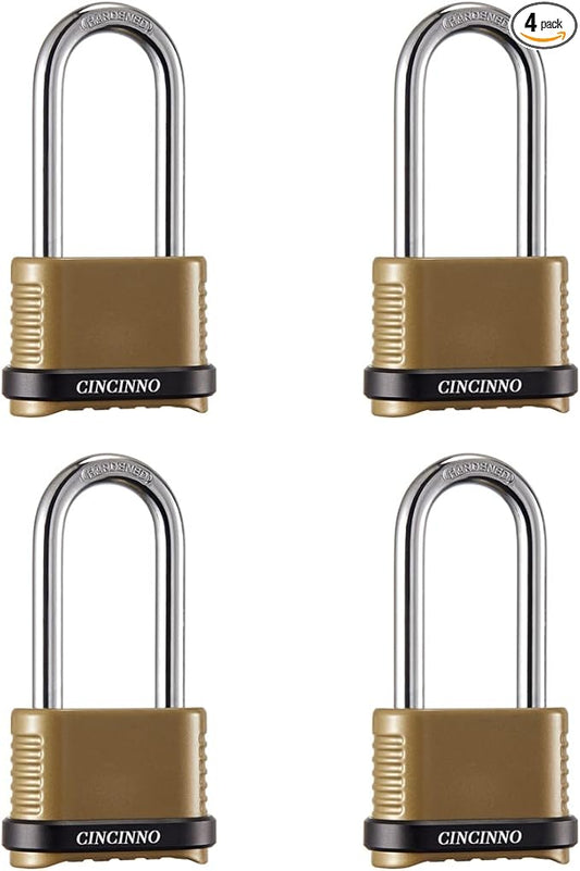 Heavy Duty Combination Lock, 4-Digit Combo Lock with Long Shackle,Weatherproof Combination Padlock for Outdoor Use,4 Pack
