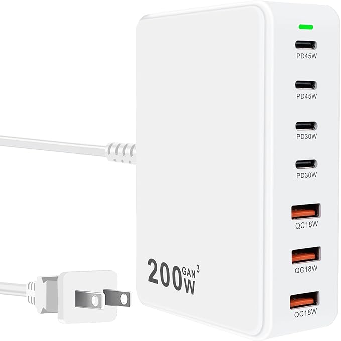 USB C Charger Block 200W 7 Port Fast Charging Station Hub, PD 45W Laptop Charger Brick Adapter Compatible with MacBook Pro/Air, iPad, DELL, Steam Deck, iPhone 17/16/15/14, Galaxy S23/22 (White)