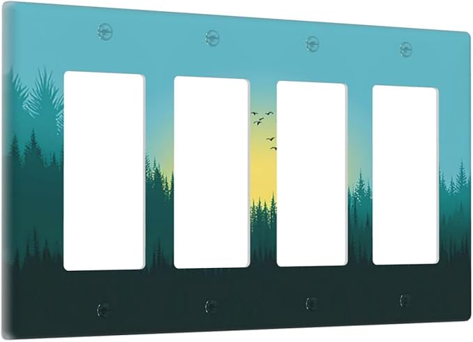 Green Forests And Birds Sun Woodland Wallplates 4 Gang Quad Rocker Decorative Light Switch Covers Electrical GFCI Faceplate Switch Plate for Bedroom Bathroom Decor
