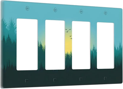 Green Forests And Birds Sun Woodland Wallplates 4 Gang Quad Rocker Decorative Light Switch Covers Electrical GFCI Faceplate Switch Plate for Bedroom Bathroom Decor
