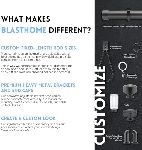 BlastHome® Non-Adjustable Luxury Extra Long Curtain Rod, 1 ¼” Rod Set, 16 foot Fixed Length (Four Rods Connect for a Seamless Look), Matte Graphite
