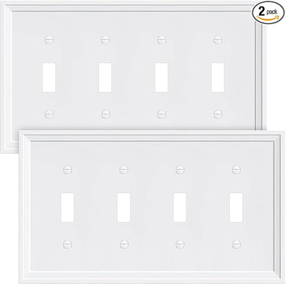 2-Pack Quad Toggle Light Switch Cover Plate, White Decorative Switch Plate Covers, Natural Bamboo Fiber 4 Gang Wall Plate, Corrosion Resistant