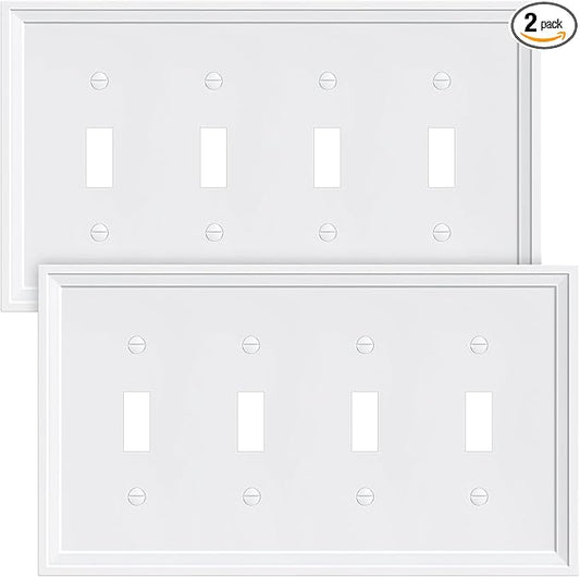 2-Pack Quad Toggle Light Switch Cover Plate, White Decorative Switch Plate Covers, Natural Bamboo Fiber 4 Gang Wall Plate, Corrosion Resistant