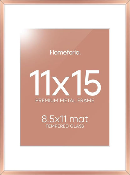 Homeforia 11x15 Picture Frame Rose Gold, High End Metal 11x15 Wall Hanging Frame with Mat 8.5x11, 11 x 15 Poster Frames Matted to 8.5 x 11 inch Photo, 11by15 Frames, Tempered Glass, Wall Kit, Set of 1