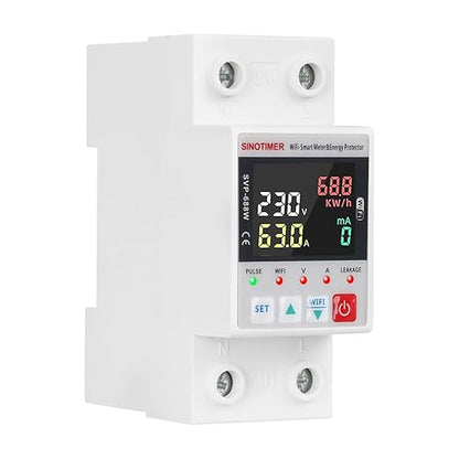 Colorful LED SVP688W WiFi Smart Energy Meter AC 63A 80-300V WiFi Earth Leakage Over Under Voltage Protector Circuit Breaker Din Rail Electricity Energy Monitor APP Remote Control Smart Life 230V