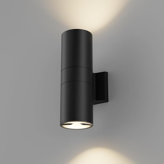 JAYMP 11.8" Up and Down Wall Sconce Aluminum Modern Outdoor Light, Black Round IP65 Waterproof Exterior Wall Lamp for Front Door Patio Porch Staircase Hallway