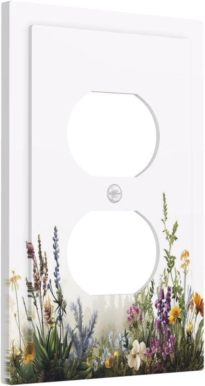 Outlet Covers White Background Colorful Flowers Plants Green Leaves 1 Gang Duplex Light Switch Cover Plate Decorative Switch Plate Covers Electrical Socket Cover for Bedroom Home Decor