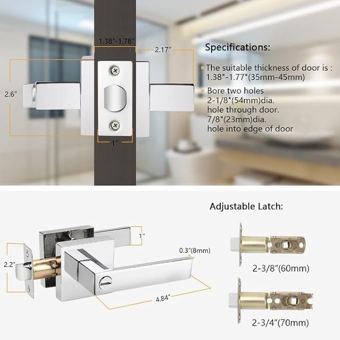 Probrico Privacy Door Levers for Bedroom and Bathroom Keyless Heavy Duty Handles Lockset with a Polished Chrome Finish, Reversible for Right & Left Sides, 3 Pack