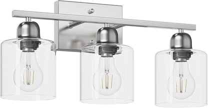 Modern Brushed Nickel 3 Light Bathroom Light Fixtures,19 inch Vanity Lights for Bathroom with Clear Glass Over Mirror for Mirror Kitchen Living Room