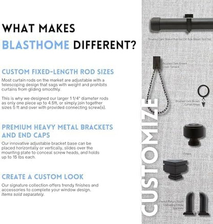 BlastHome® Non-Adjustable Luxury Extra Long Curtain Rod, 1 ¼” Rod Set, 16 foot Fixed Length (Four Rods Connect for a Seamless Look), Brushed Dark Brown
