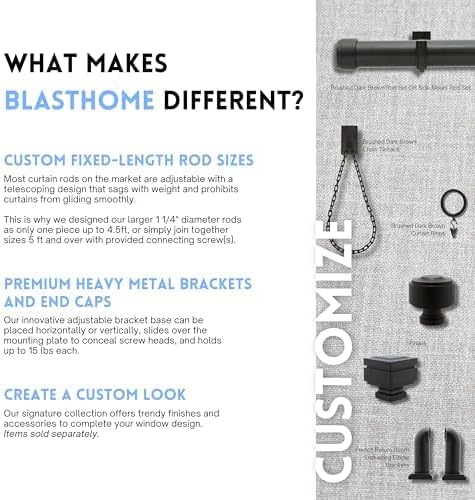 BlastHome® Non-Adjustable Luxury Extra Long Curtain Rod, 1 ¼” Rod Set, 15 foot Fixed Length (Four Rods Connect for a Seamless Look), Brushed Dark Brown