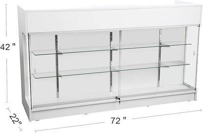 72" W x 22" D x 42" H - Ledgetop Checkout Counter with Glass Showcase View Front, White Wooden Cash Register Stand with Showcase,Retail Glass Display Cabinet Counter