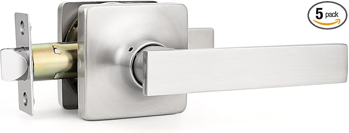 GOBEKOR 5 Pack Brushed Nickel Door Handles Interior Door Handles with Lock Nickel Passage Door Handles for Hall Closet Square Lever Door Handles