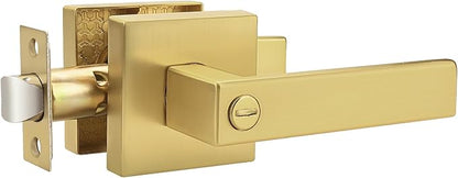 Probrico Heavy Duty Flat Gold Door Handles Square Privacy Interior Door Levers Bedroom and Bathroom Door Handles Keyless Bed/Bath Lockset (1 Pack)
