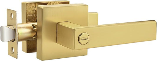 Probrico Heavy Duty Flat Gold Door Handles Square Privacy Interior Door Levers Bedroom and Bathroom Door Handles Keyless Bed/Bath Lockset (1 Pack)