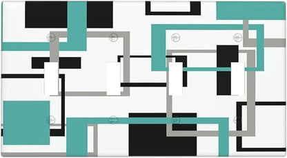Geometric Turquoise Black Gray Modern Abstract Boho Light Switch Covers Quad Toggle Electrical Faceplate 4 Gang Wall Plate Decorative Switch Plates Cover for Office Nursery Decor