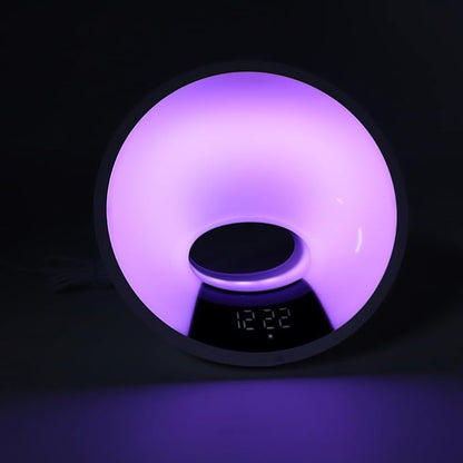 Fafeicy Sunrise Alarm Clock, Wake Up Light with Sunset Simulation 7 Color Changing Night Light Ambient Speaker Phone Charging Dock for Bedroom Dorm Sleep Aid (US Plug 100-240V)