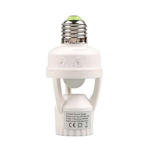E27 Sensor Lights Socket, Motion Sensor Light Socket 10-300 Sec Delay, 6m Sensing Distance, IR Motion Activated Lamp Holder for Basement, Garage, Staircase (100-240V)