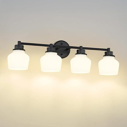 Emak 29 Inch Black Vanity Light, Farmhouse Bathroom Light Fixtures Wall Sconces with Milk Glass Shade, 4-Light Vanity Lights for Bathroom, Mirror, VL122-BK-ML-4
