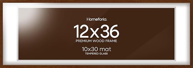 Homeforia 12x36 Picture Frame Brown, High End Dark Oak 12x36 Walnut Wood Poster Frame with Mat 10x30 Art, 12 x 36 Wooden Frame Matted to 10 x 30 Photo, 36x12 Frames, Tempered Glass, Wall Kit, Set of 1
