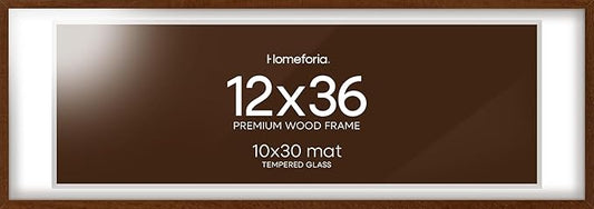 Homeforia 12x36 Picture Frame Brown, High End Dark Oak 12x36 Walnut Wood Poster Frame with Mat 10x30 Art, 12 x 36 Wooden Frame Matted to 10 x 30 Photo, 36x12 Frames, Tempered Glass, Wall Kit, Set of 1