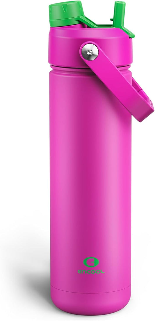 ENCOOL Insulated Water Bottle with Straw Stainless Steel Water Bottle, Leak-Proof, BPA-Free, Double Wall Vacuum Keeps Cold for 24 Hours for Sports, Travel, School (26 oz, Knockout Pink)