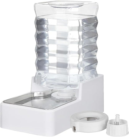 Dog Cat Water Dispenser: 8L White Upgraded Gravity Feeder with Stainless Steel Bowl - BPA-Free Large Capacity for Medium/Large Pets - Indoor & Outdoor Use