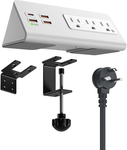 Power Charge Station Edge clamp Mount with USB-C Ports，Tabletop Surge Protector, Desk Clamp Power Sockets with 3 AC Outlets and 4 Fast Charging USB Ports for Home Office Hotel and Dormitory (White)