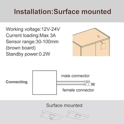 VST Sensor Switch, Hidden Hand Wave Activated Led Light Switch for Closet Lights, Under Cabinet Lighting, with 12V JST Male and Female Connectors（DC 12/24V 3A