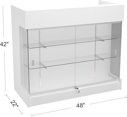 48" W x 22" D x 42" H - Retail Sales Counter with Adjustable Glass Shelves, Tempered Glass，White Laminated Particle Board, Locking Drawers