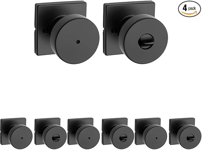 Kwikset Pismo Interior Privacy Door Knob with Lock, Door Handle for Bathroom and Bedroom, Matte Black Keyless Turn Lock Doorknob, with Microban Protection, Square Rose (Pack of 4)