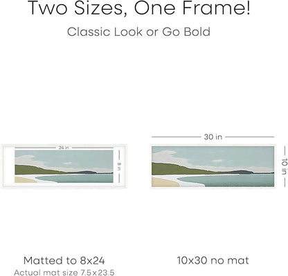 Homeforia 10x30 White Picture Frame, High End Oak 10x30 Wood Poster Frames with Mat 8x24 Print, 10 x 30 White Wooden Frames Matted to 8 by 24, 30x10 Panoramic Frame, Tempered Glass, Wall Kit, Set of 1