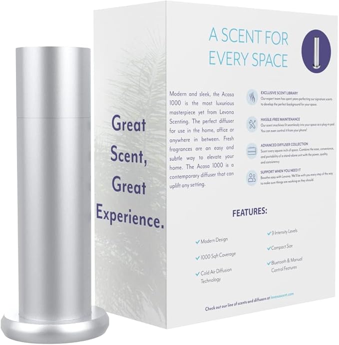 Levona Scent Waterless Diffuser - Essential Oil Aroma Smart Plug-in, Portable Scent Machine for Residential Space & Hotel, Covers 1000sqft - Acasa1000, Brushed Silver (With 120ml Oil & Cleaning Cloth)